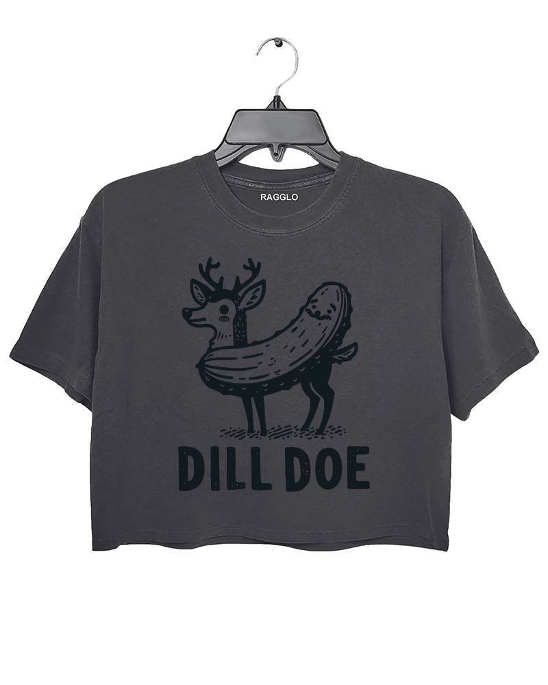 Dark gray crop top featuring a humorous 'Dill Doe' graphic of a deer with a pickle-shaped body and antlers, hand-drawn in black ink.