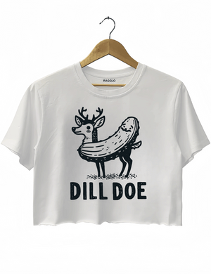 White crop top with a playful 'Dill Doe' graphic depicting a cartoon deer with a smiling pickle body and bold black outlines.