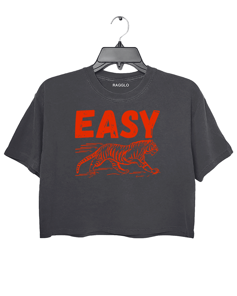 Dark gray crop top featuring a bold red 'EASY' text with a walking tiger graphic below, available on Ragglo.