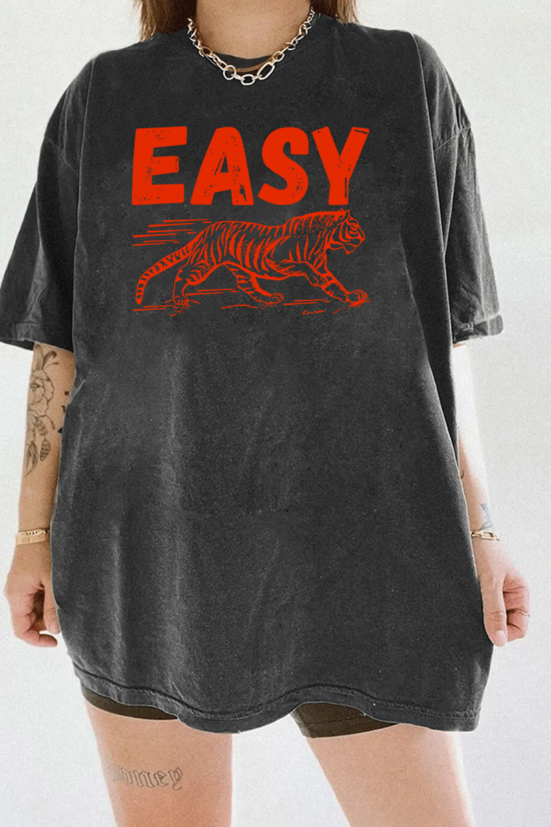 Dark gray T-shirt featuring a bold red 'EASY' text and tiger graphic, available on Ragglo.