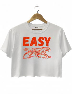 White crop top with a striking red 'EASY' text and tiger walking graphic, available on Ragglo.