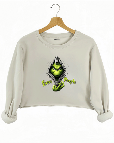 Ragglo beige crop sweatshirt featuring the Grinch peeking out from a zipper with 'Eww People' text, delivering a humorous and playful expression of personality.