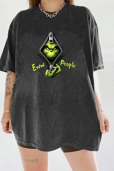 Ragglo dark gray T-shirt displaying the Grinch peeking from behind a zipper with 'Eww People' text, conveying a funny and anti-social holiday attitude.