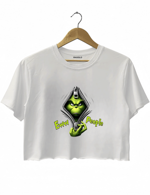 Ragglo white crop top with the Grinch emerging from a zipper, accompanied by the text 'Eww People,' offering a sarcastic and humorous take on anti-social feelings.