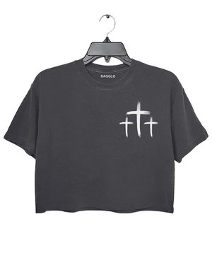 Dark Gray Ragglo crop top featuring three small white cross designs on the front.