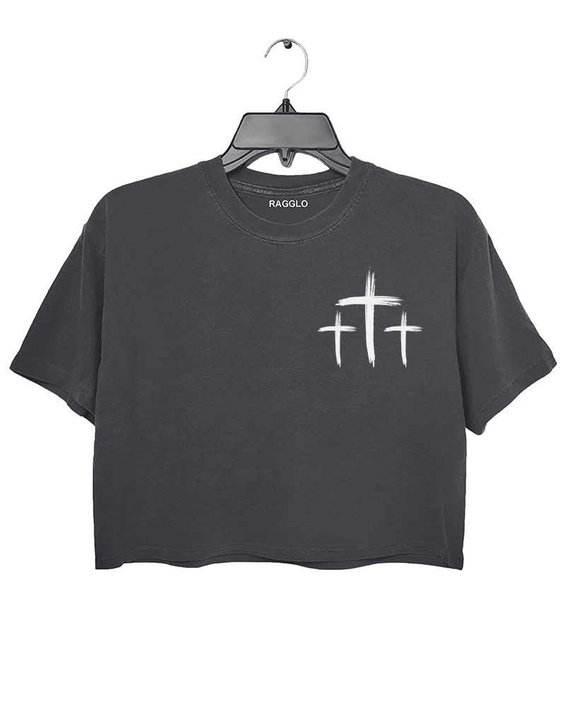 Dark Gray Ragglo crop top featuring three small white cross designs on the front.