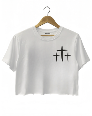 White Ragglo crop top featuring three small white cross designs on the front.