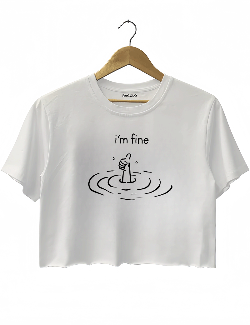 White crop top featuring a graphic of a hand doing a thumbs-up gesture while submerged in water, representing staying strong and optimistic in difficult situations.