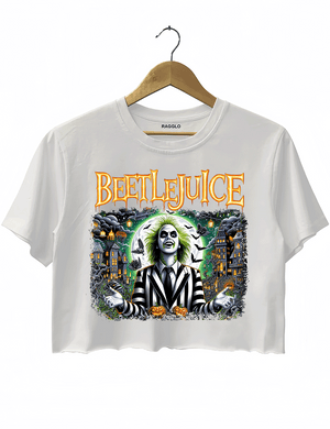 Ragglo white cropped top with a vibrant Beetlejuice graphic, featuring the iconic character in a black-and-white striped suit with a spooky background and bold orange text.