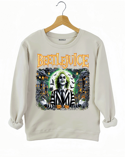 Ragglo beige sweatshirt adorned with a Beetlejuice graphic, featuring the character in a black-and-white suit with a dark, spooky background.