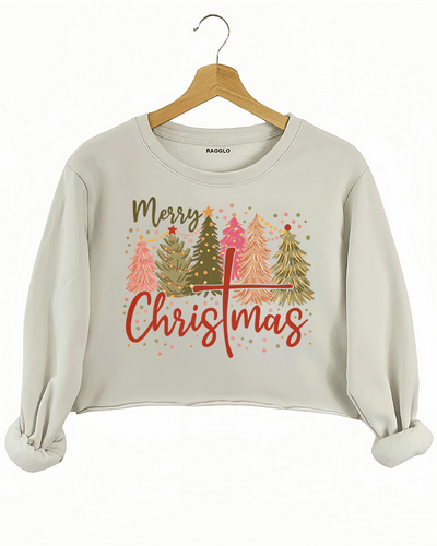 Ragglo beige crop sweatshirt featuring a playful 'Merry Christmas' design with stylized Christmas trees and a cross symbol embedded in the word 'Christmas.'