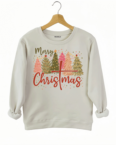 Ragglo beige sweatshirt displaying a festive 'Merry Christmas' graphic, including colorful Christmas trees and a cross within the word 'Christmas.'