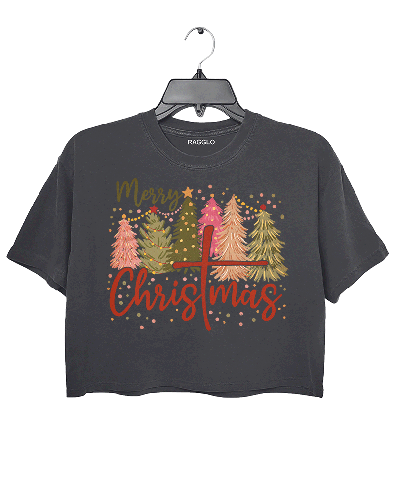 Ragglo dark gray crop top featuring a festive 'Merry Christmas' graphic with colorful Christmas trees and a cross integrated into the word 'Christmas.