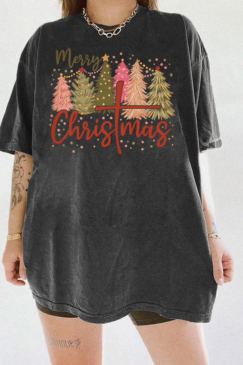 Ragglo dark gray T-shirt showcasing a vibrant 'Merry Christmas' graphic, featuring Christmas trees decorated with lights and a cross in the 'Christmas' text.