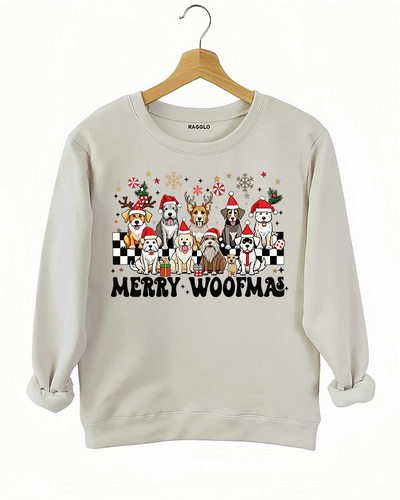 Ragglo beige sweatshirt with the 'Merry Woofmas' design, displaying a group of festive dogs wearing Santa hats, with snowflakes and holiday-themed elements in the background.