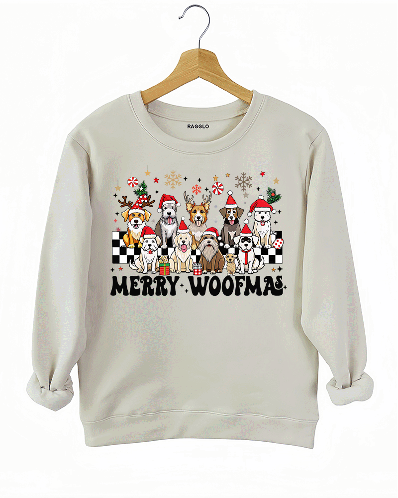 Ragglo beige sweatshirt with the 'Merry Woofmas' design, displaying a group of festive dogs wearing Santa hats, with snowflakes and holiday-themed elements in the background.