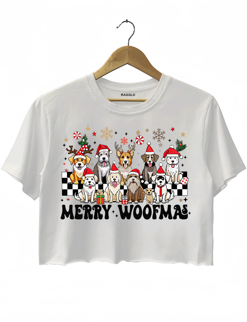 Ragglo white crop top showcasing the 'Merry Woofmas' design, featuring cute dogs with Santa hats and holiday-themed elements like snowflakes and candy decorations.