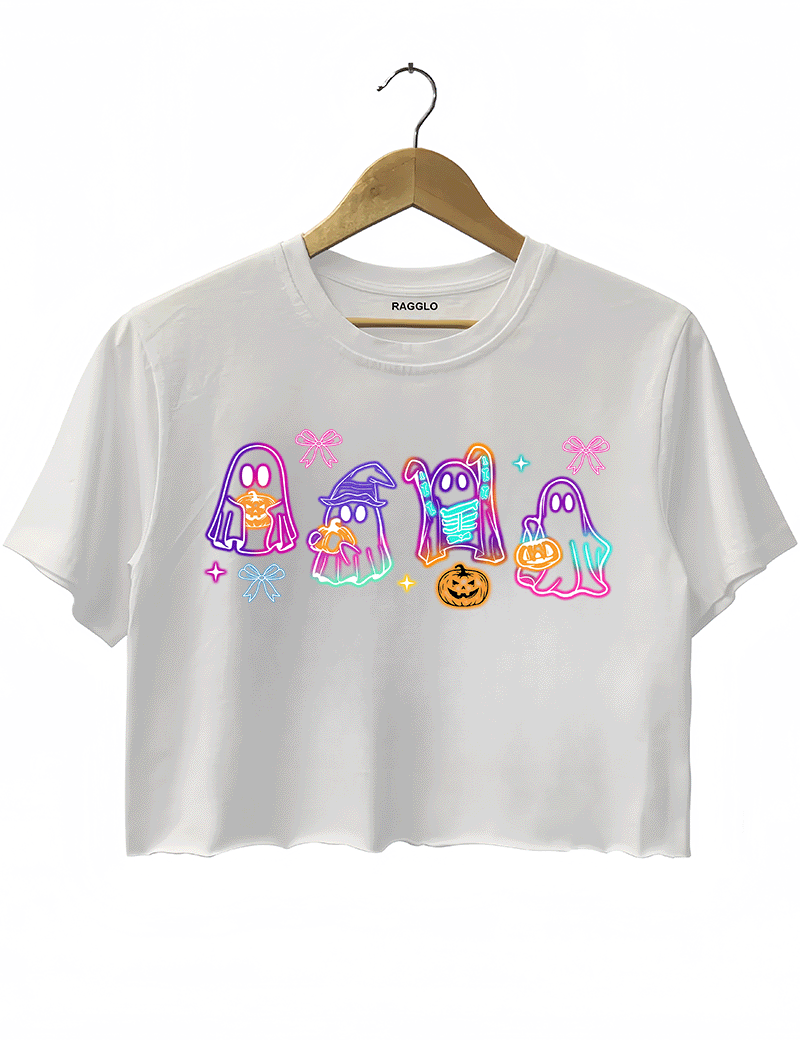 Ragglo beige cropped sweatshirt featuring five neon-style cartoon ghosts in Halloween costumes with bows and pumpkins, perfect for festive fashion and casual wear.