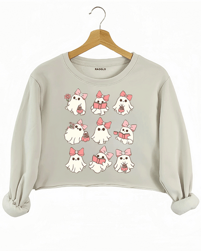 Pink Ghost Reading Groovy Halloween Crop Sweatshirt