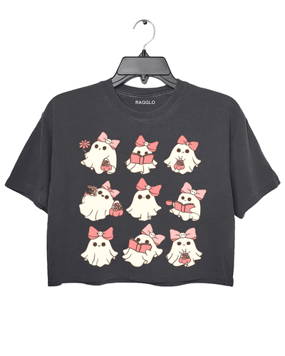 Pink Ghost Reading Groovy Halloween Crop Top