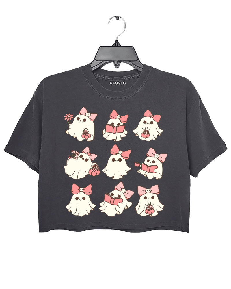 Pink Ghost Reading Groovy Halloween Crop Top