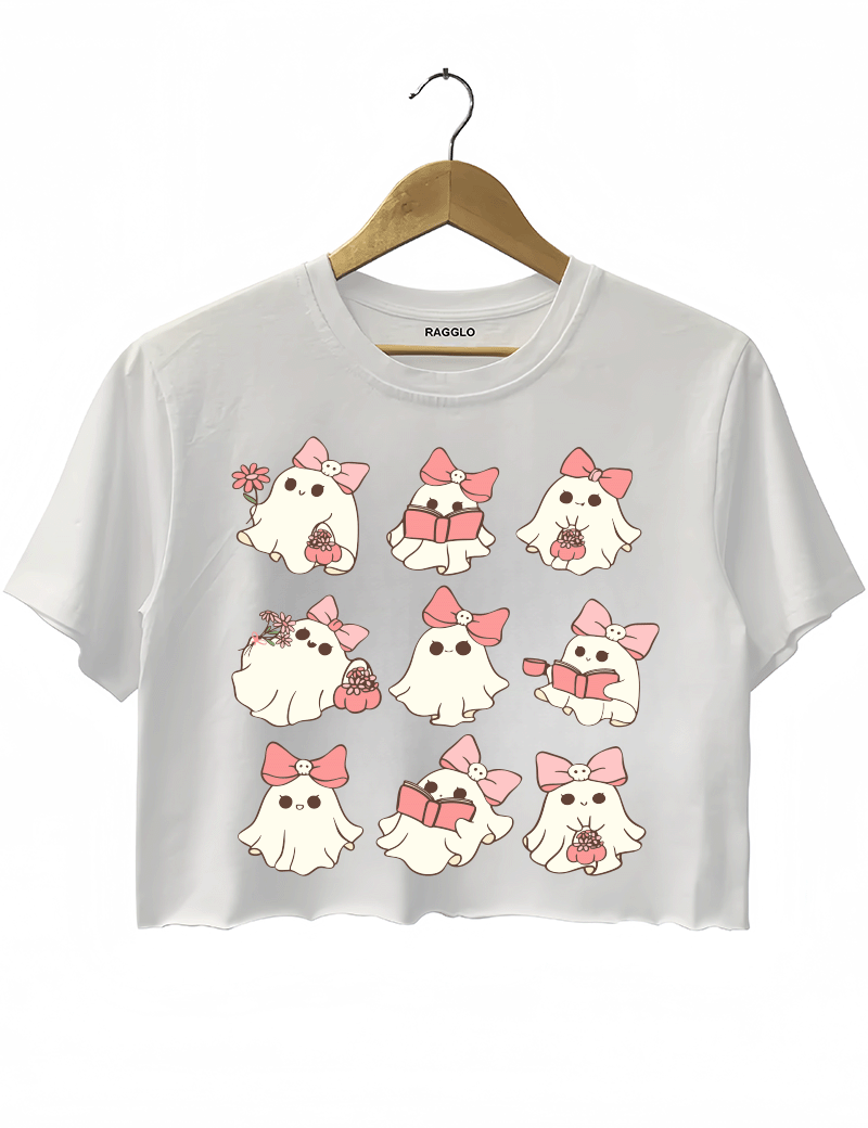 Pink Ghost Reading Groovy Halloween Crop Top