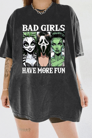 Ragglo dark gray horror-themed t-shirt with "Bad Girls Have More Fun" text and illustrations of three iconic horror characters, ideal for Halloween and horror movie fans.

