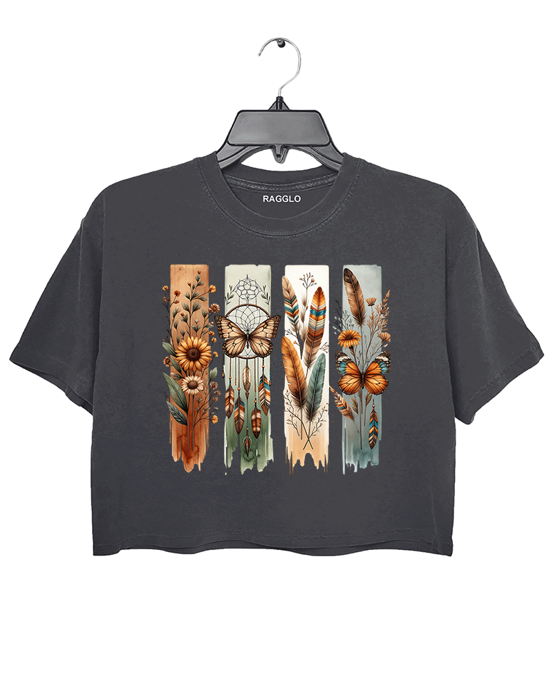 Ragglo dark gray women's crop top with bohemian nature graphic featuring dreamcatchers, butterflies, and wildflowers.

