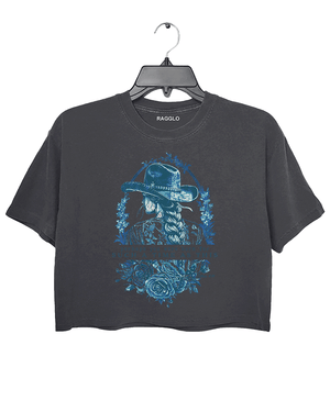 Dark Gray Ragglo women's crop t-shirt with a cowgirl illustration, floral design, and inspirational text 'perhaps you were born for such a time as this' from Esther 4:14, perfect for empowering faith-based fashion.

