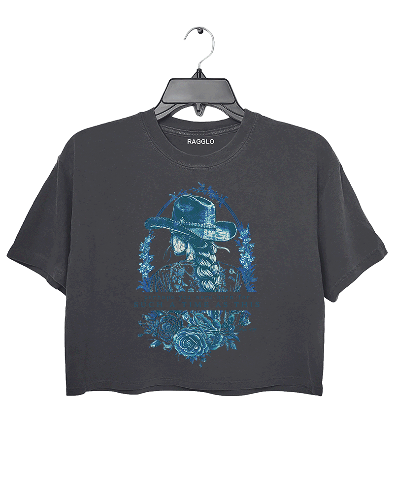Dark Gray Ragglo women's crop t-shirt with a cowgirl illustration, floral design, and inspirational text 'perhaps you were born for such a time as this' from Esther 4:14, perfect for empowering faith-based fashion.

