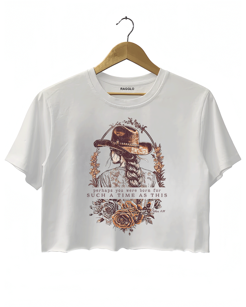 White Ragglo women's crop t-shirt with a cowgirl illustration, floral design, and inspirational text 'perhaps you were born for such a time as this' from Esther 4:14, perfect for empowering faith-based fashion.

