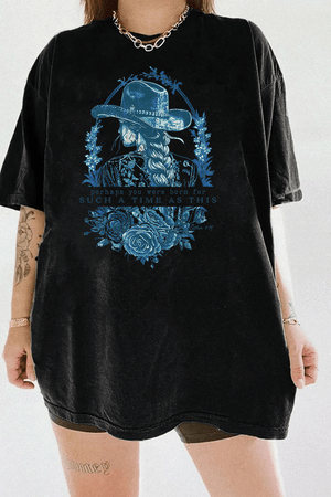 Black Ragglo women's t-shirt with a cowgirl illustration, floral design, and inspirational text 'perhaps you were born for such a time as this' from Esther 4:14, perfect for empowering faith-based fashion.

