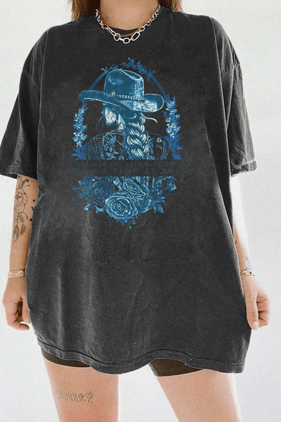 Dark Dray Ragglo women's t-shirt with a cowgirl illustration, floral design, and inspirational text 'perhaps you were born for such a time as this' from Esther 4:14, perfect for empowering faith-based fashion.

