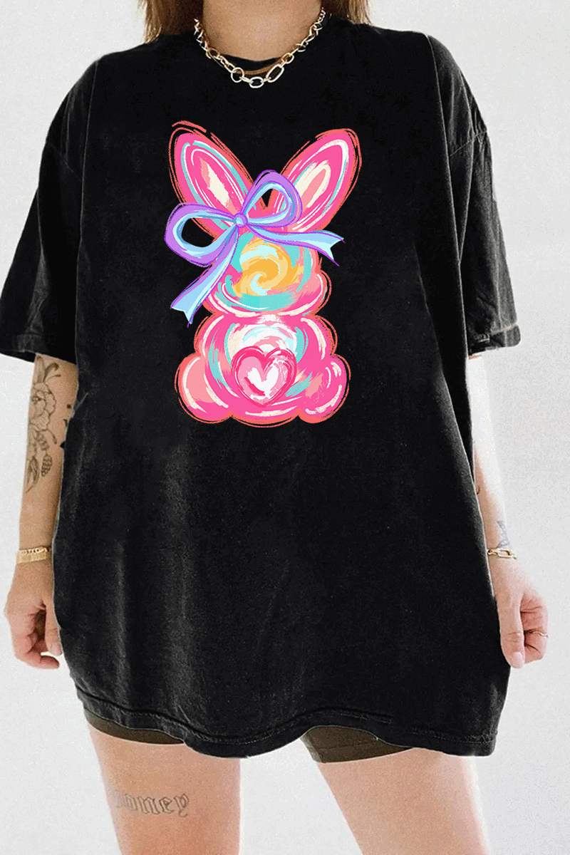 Black Ragglo women's t-shirt featuring a cute bunny design with pink ears, blue bow, and heart accents, perfect for Easter or love-themed occasions.

