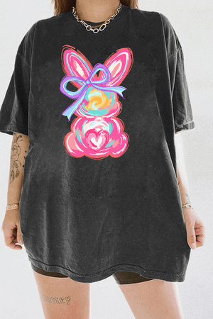 Dark Gray Ragglo women's t-shirt featuring a cute bunny design with pink ears, blue bow, and heart accents, perfect for Easter or love-themed occasions.

