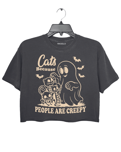 Ragglo dark gray crop top featuring a ghost and three skeleton cats with bats and 'CATS BECAUSE PEOPLE ARE CREEPY' text, perfect for funny Halloween streetwear and cat lovers.

