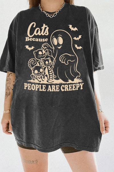 Ragglo dark gray tee featuring a ghost and three skeleton cats with bats and 'CATS BECAUSE PEOPLE ARE CREEPY' text, perfect for funny Halloween streetwear and cat lovers.

