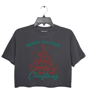 Ragglo dark gray Christmas cropped t-shirt with "Merry Cluckin’ Christmas" text and a chicken-shaped Christmas tree design, perfect for humorous holiday celebrations.

