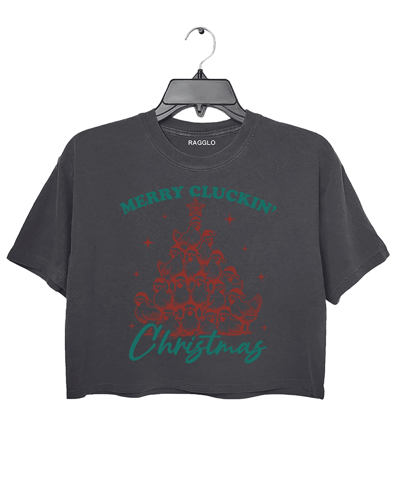 Ragglo dark gray Christmas cropped t-shirt with "Merry Cluckin’ Christmas" text and a chicken-shaped Christmas tree design, perfect for humorous holiday celebrations.

