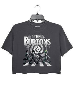 Ragglo dark gray cropped top with The Burtons design, depicting characters like Beetlejuice, Edward Scissorhands, and Jack Skellington crossing the road in a playful homage to classic cinema.