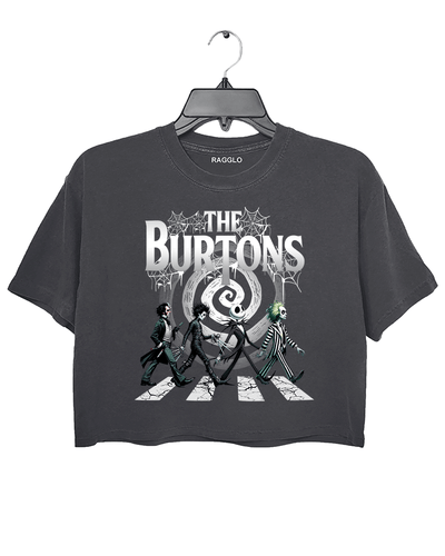 Ragglo dark gray cropped top with The Burtons design, depicting characters like Beetlejuice, Edward Scissorhands, and Jack Skellington crossing the road in a playful homage to classic cinema.