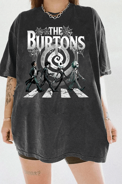 Ragglo dark gray t-shirt with The Burtons design, depicting characters like Beetlejuice, Edward Scissorhands, and Jack Skellington crossing the road in a playful homage to classic cinema.