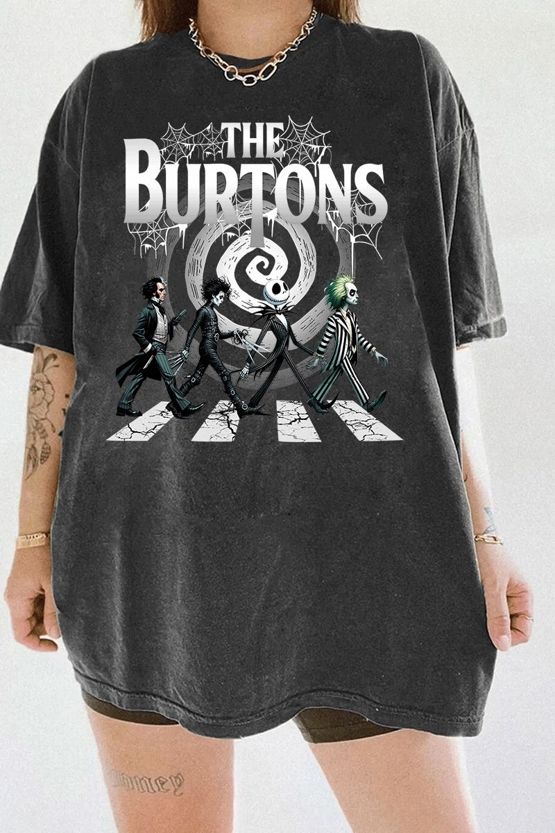 Ragglo dark gray t-shirt with The Burtons design, depicting characters like Beetlejuice, Edward Scissorhands, and Jack Skellington crossing the road in a playful homage to classic cinema.