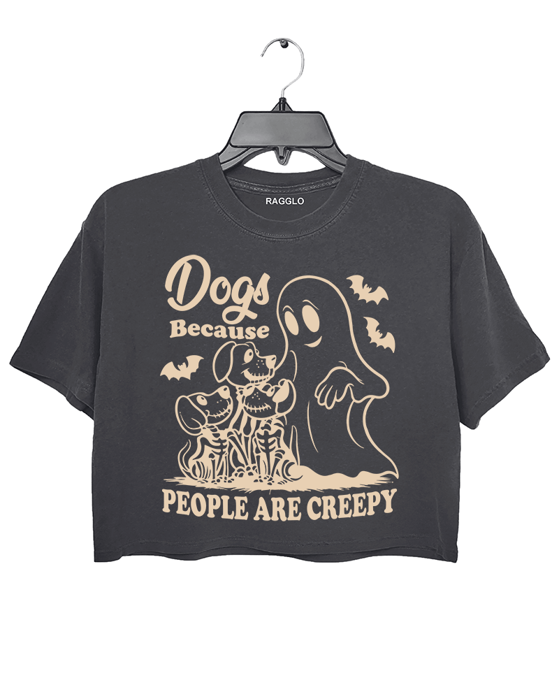 Ragglo dark gray women's crop top featuring three skeleton dogs, a playful ghost, and bats with the humorous text 'Dogs Because People Are Creepy' in a spooky design.