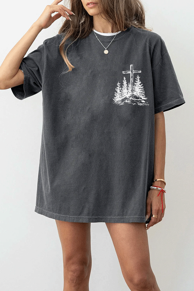 Ragglo dark gray women's T-Shirt front featuring a minimalist design with a cross and trees in a faith-inspired style.
