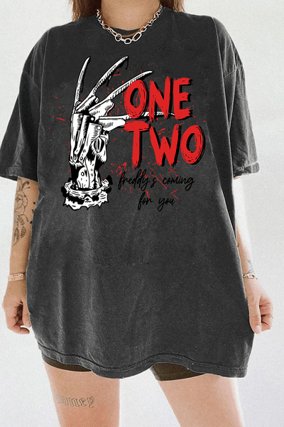 Ragglo dark grey T-shirt with Freddy Krueger claw graphic and "One Two Freddy's Coming For You" text, inspired by A Nightmare on Elm Street horror theme.

