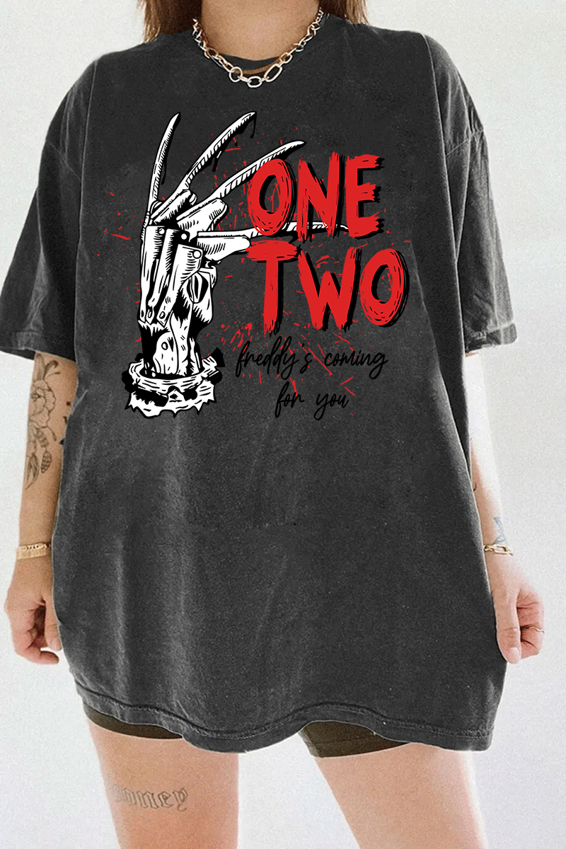 Ragglo dark grey T-shirt with Freddy Krueger claw graphic and "One Two Freddy's Coming For You" text, inspired by A Nightmare on Elm Street horror theme.


