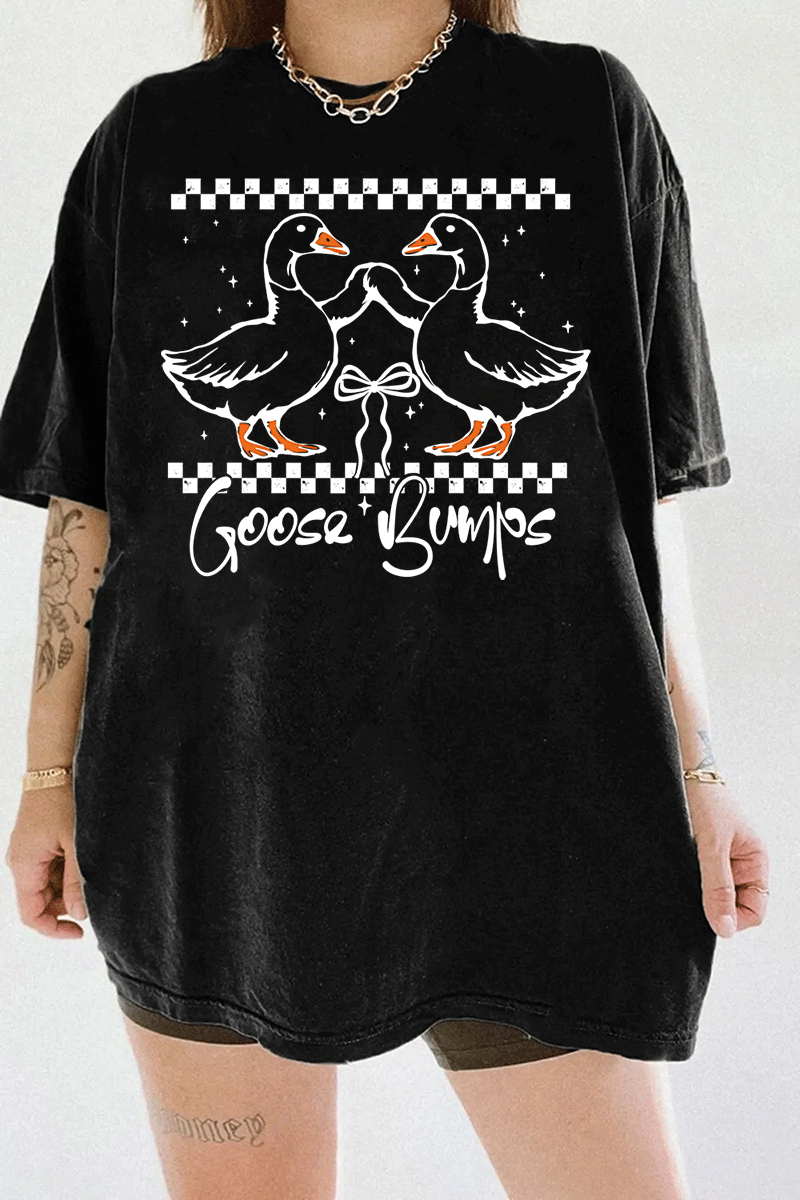 A black t-shirt from Ragglo featuring a "Goose Bumps" design with two geese in a playful pose, surrounded by a checkered pattern and stars.

