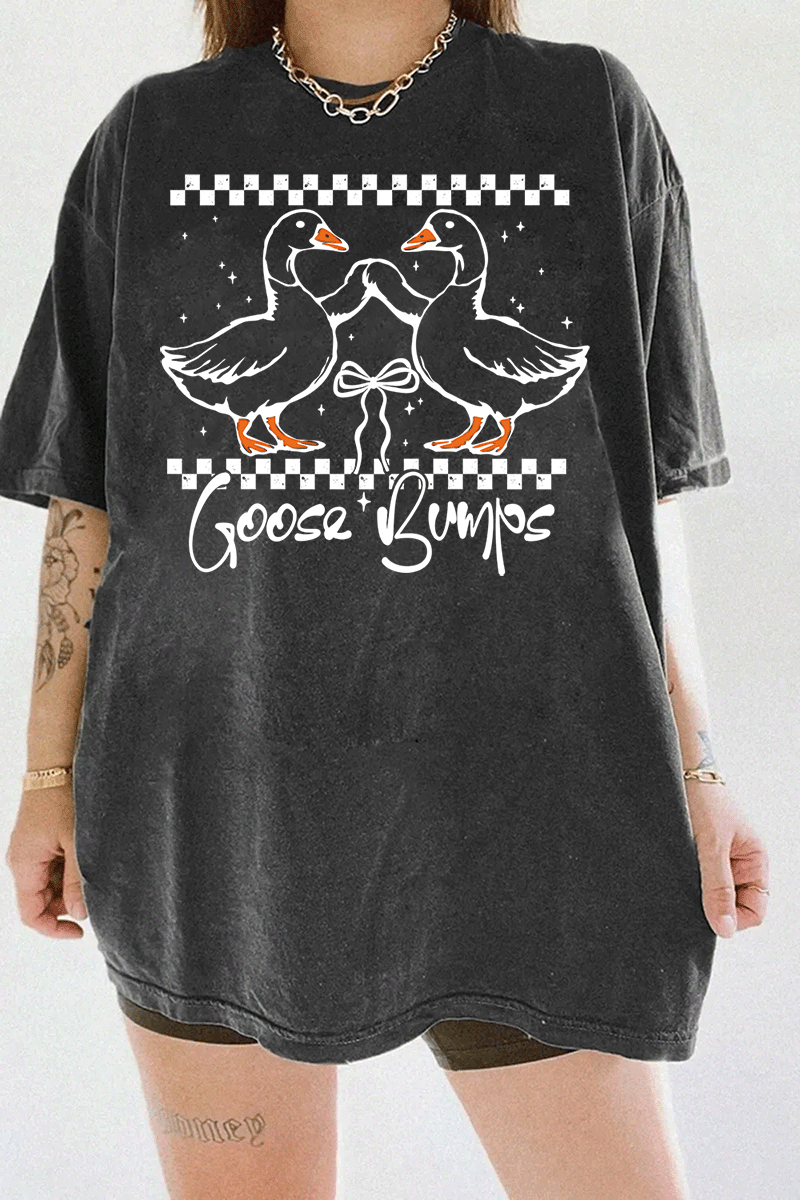 A dark gray t-shirt from Ragglo featuring a "Goose Bumps" design with two geese in a playful pose, surrounded by a checkered pattern and stars.

