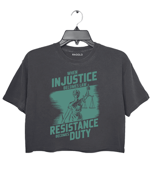 Ragglo dark grey crop top with ink green 'When Injustice Becomes Law, Resistance Becomes Duty' pattern

